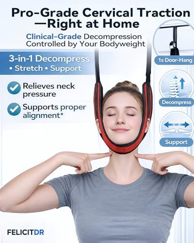 Upgraded Over-The-Door Cervical Neck Traction Device – Portable Adjustable Neck Stretcher for Neck Pain Relief, Spine Alignment & Posture Correction, Home Physical Therapy Kit, 330 lbs Support (Red)