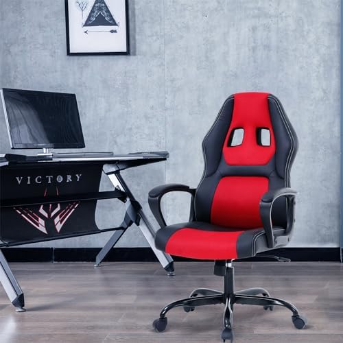 Red Massage Gaming Chair for Kids, Ergonomic Office Chair Computer Chair with Adjustable High Back & Armrest, PU Leather Gamer Chair with 360°Swivel, Heavy Duty Gaming Chairs for Adults, Teens