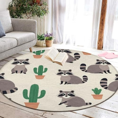 Large Machine Washable Circular Rugs, Home Decor Round Mat for Living Room Sofa Office Cactus Cute Cartoon Raccoons