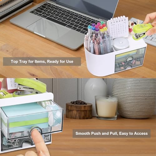 Meiikun Desk Organizer with Drawer, Pen Organizer for Desk, Small Pencil Holder, Desk Organizers and Accessories for Office Home Storage (2 Drawers+4 Compartments, White)