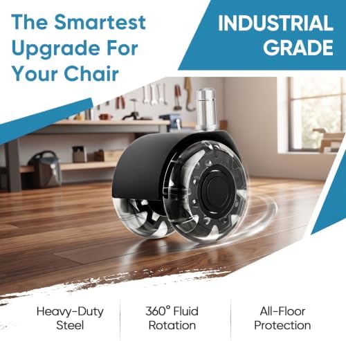2 Inch Office Chair Wheels(Set of 5)-Heavy Duty Rubber Casters for Hardwood & Carpet, 2200lbs Capacity Universal Fit Smooth Rolling Casters Replacement Black