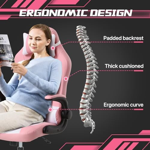 Pink Gaming Chair for Girls & Adults - Ergonomic High Back Office Desk Chair with Adjustable Lumbar Support, Flip-Up Arms & Headrest - PU Leather Swivel Computer Task Chair for Kids & Teens