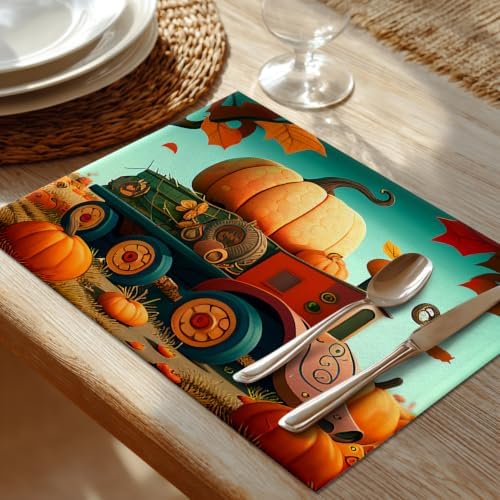 Shrahala Autumn Pumpkin Harvest Set of 8 12 X 18 Inch Linen Placemats, Trucks Rice Paddies Cartoons Art Burlap Table Mat Washable Double Layered Heat Insulation for Indoor