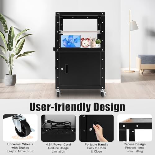 AV Presentation Cart Stand with Locking Cabinet, Steel Rolling Metal Cart On Wheels, Rolling Tv Stand with Power Outlet, Computer Cart On Wheels, Computer Cartwith Keyboard Tray 1.5m Cable