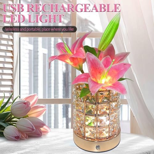 Lily Flower Lamps, Rechargeable Cordless Small Desk Lamp, 3 Colors Dimmable Artificial Flowers Night Light, Fake Bouquet 3 Lilies with Crystal Vase for Home Date Party Decoration (Pink - Lily)