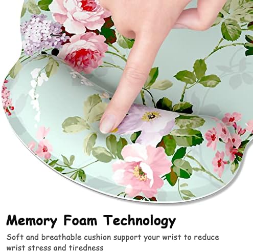 Ergonomic Mouse Pad with Wrist Support, Floral Memory Foam Wrist Rest Mouse Pads, Cute Computer Laptop Office Accessories Decor, Pain Relief Mousepad for Gaming Work Women Girls, Green Flower