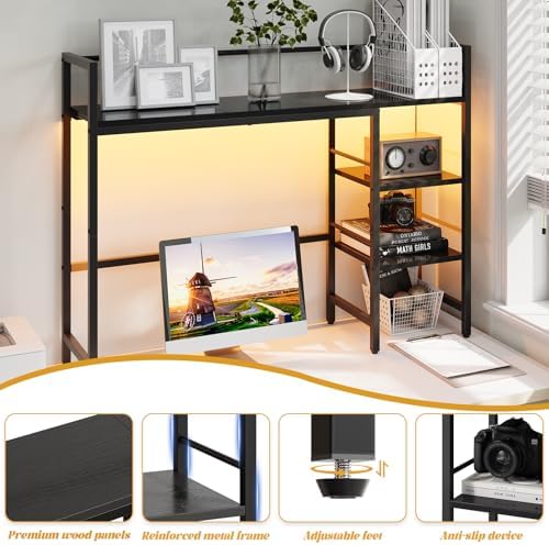 HavenlyYouth Desk Shelf with LED Light Strip, 3-Tier Storage Desktop Organizer Shelf, 38.6" Wood Desktop Bookshelf for Computer Monitor, Desk Hutch for Home Office Dorm, Black