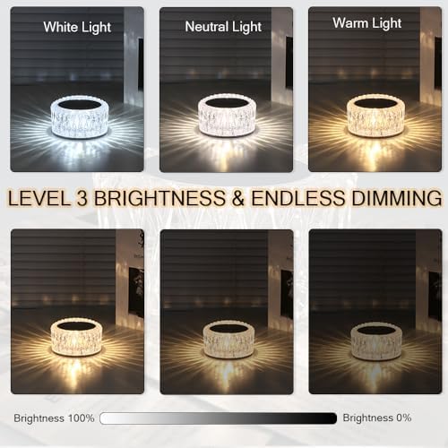 Portable Crystal LED Table Lamp, 3-Levels Brightness Desk Lamp,3 Color Touch Control Rechargeable Lamp for Bedroom Living Room Decor(White)