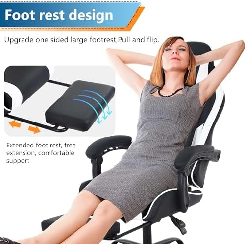 PayLessHere Ergonomic Racing Desk Chair Computer Chair Gaming Chair with Footrest Lumbar Support Headrest Armrest Task Rolling Swivel Ergonomic E-Sports Adjustable PC Gamer Chair, White