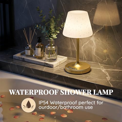 Waterproof Shower Lamp, 4000mAh Cordless Table Lamp, 3-Color Dimmable -Gold