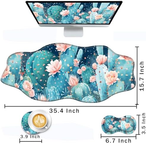 Mouse Pad with Wrist Support + Desk Mat + Coaster 3 in 1 Set, XXL Large Gaming Mousepad Ergonomic Mouse Pads for Desk Computer Laptop Office,Cute Cactus