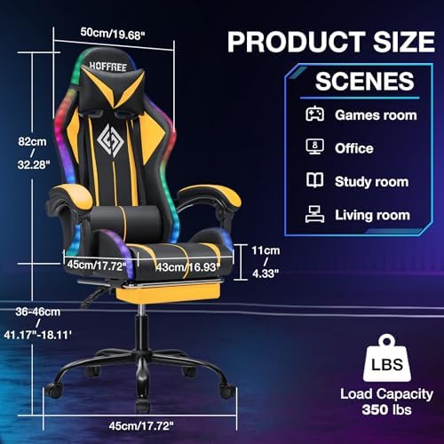 RGB Gaming Chair with Bluetooth Speakers LED Lights Computer Chair-Yellow