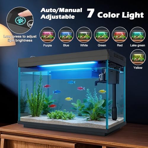 Smart Aquarium 5 Gallon Glass Fish Tank with Silent Water Pump, Self Cleaning System Efficiency Filter 7-Color LED Lights Automatic Feeder Temperature Display HD Glass, Smart Control with App, Black
