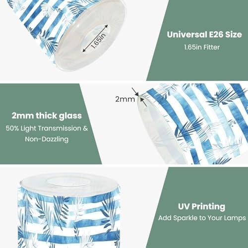 3 Pack Cylinder Glass Lamp Shade Blue stripes seamless pattern palm leaf Covers with 1-5/8" Fitter Opening Light Fixture Replacement for Table Lamp Bathroom Vanity Light