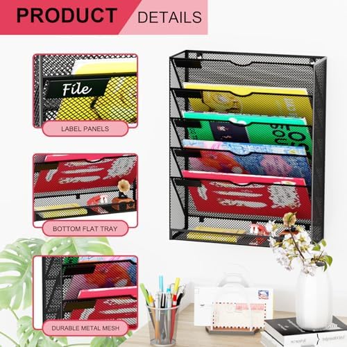 Hanging Wall File Organizer 6 Tier Wall Mounted Mail Paper Folder Holder Document Organization Stand, Vertical Desk Magazine Rack for Office Home Cubicle Countertop, Black
