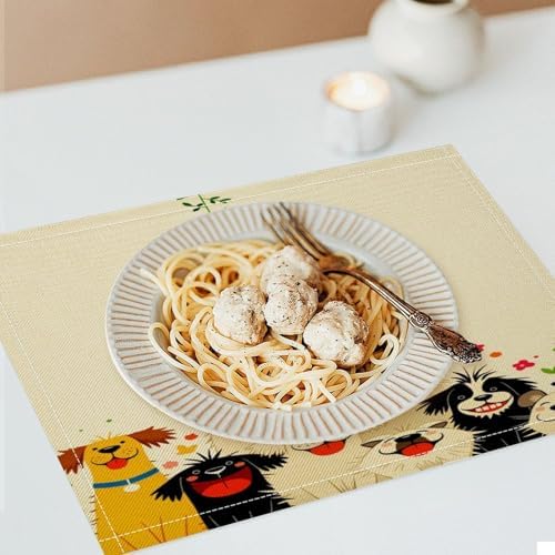 Cute Dogs Floral Linen Placemats Set of 1PCS, Heat Resistant Non-Slip Washable Table Placemats for Dining Everyday Use Hotel Banquet Home Decor