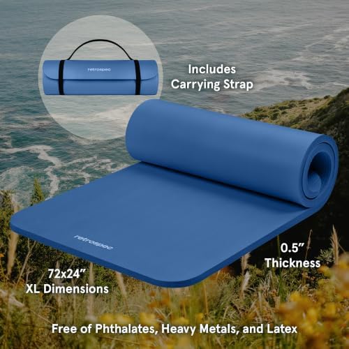 Retrospec Solana Yoga Mat Thick 1/2in Non-Slip Workout Mat with Nylon Strap - 72x24in Exercise Mat for Pilates, Stretching & Fitness - BPA Free, Easy Clean