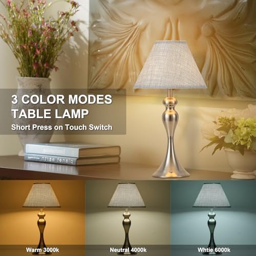 Cordless Table Lamp Rechargeable, Battery Night Light Fabric Shade, Nickel