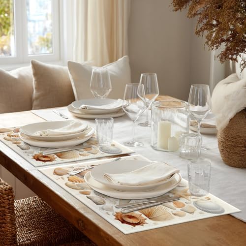 Shrahala Seashells Starfish Set of 8 12 X 18 Inch Linen Placemats, Beach Collection Burlap Table Mat Washable Double Layered Heat Insulation for Indoor/Outdoor