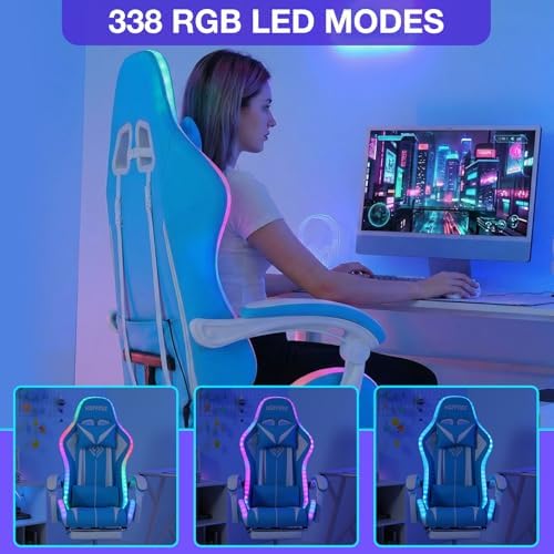 HOFFREE LED Gaming Chair with Massage RGB Lights Computer Chairs-Sky Blue
