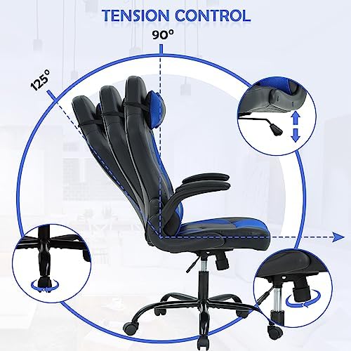 High Back PU Leather Office & Gaming Chair - Comfortable, Big & Tall, Height Adjustable, Heavy Duty Racing Chair with Headrest & Lumbar Support (Blue)