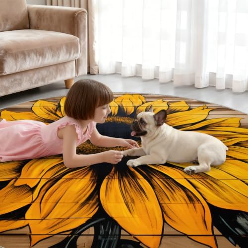 Sunflower Round Rug - 3ft Washable Sunflower Round Area Rug for Bathroom, Western Country Circle Rugs Soft Non-Slip Carpet for Kitchen Bedroom Kids Room Decor Mat