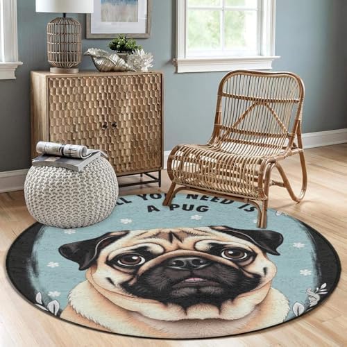 Fashion Round Area Rug Large Non Slip Carpet Unisex Home Decor Mat Cute Puppy Pug