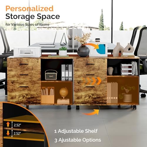 VINGLI 3 Drawer Wood Lateral File Cabinet with Adjustable Shelves & Locking Wheels, Printer Stand with Drawers for Letter, Sturdy Black File Cabinets for Home Office, Study & Business, Rustic Brown