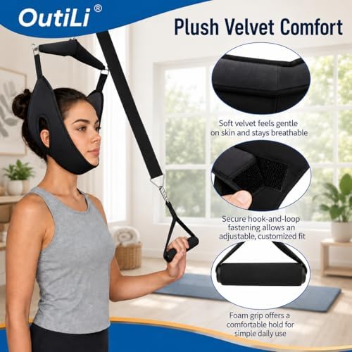 Over the Door Cervical Neck Traction Device - Velvet Hanging Neck Stretcher Sling for Spine Decompression & Tension Relief - Adjustable Home Therapy Equipment for Men Women Adults