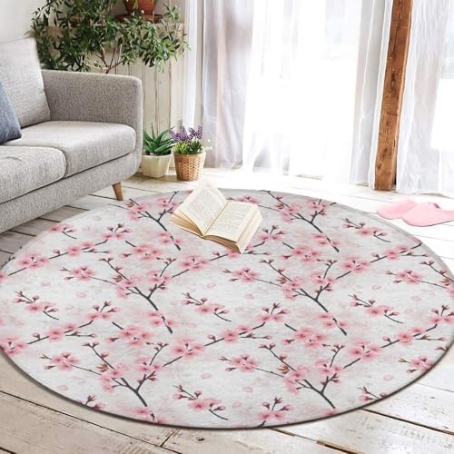 Soft Round Yoga Carpet, Office Chair Decor Round Mat for Carpet and Hardwood Floors Cherry Flowers Blossom Japanese Art, 60inch