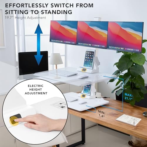 Mount-It! Triple Monitor Electric Standing Desk Converter - 3 Monitor Standing Desk is Height Adjustable, Sit-Stand Converting Desk for Home, Office Monitor Mounts Fits Screens up to 32" White