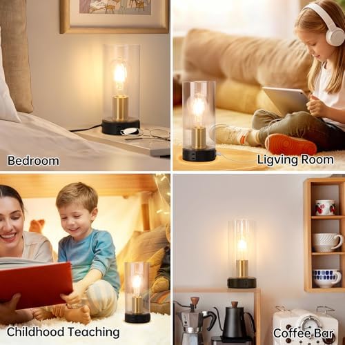 Touch Control Bedside Lamp with Charging Station，Black Gold Small Lamp