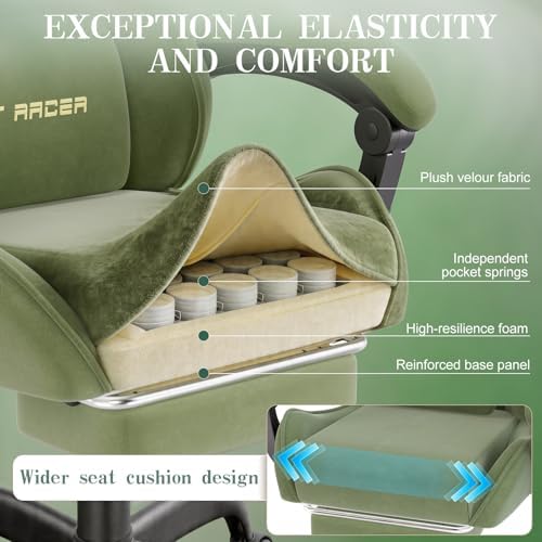 Soontrans Green Velvet Gaming Chair with Embroidery Design