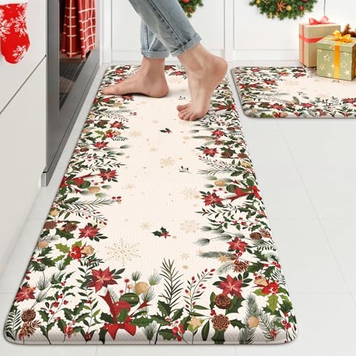 KIMODE Christmas Decor Kitchen Mats Cushioned Anti Fatigue, Beige Farmhouse Kitchen Rugs Sets of 2, Padded Kitchen Floor Mats, Non Slip Standing Mats for Christmas Decorations Laundry Office Desk