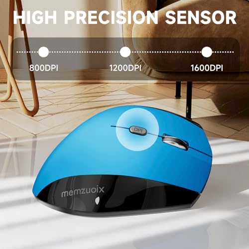 memzuoix Ergonomic Mouse Wireless,2.4G Optical Cordless Mice with 800/1200/1600 DPI,Vertical Computer Wireless Mouse for Laptop, Mac,PC,Desktop (for Right Hand, Large),Blue