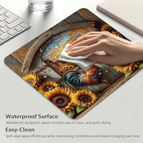 Rustic Farm Sunset with Rooster Mouse Pad, Blooming Sunflowers Desk Mat