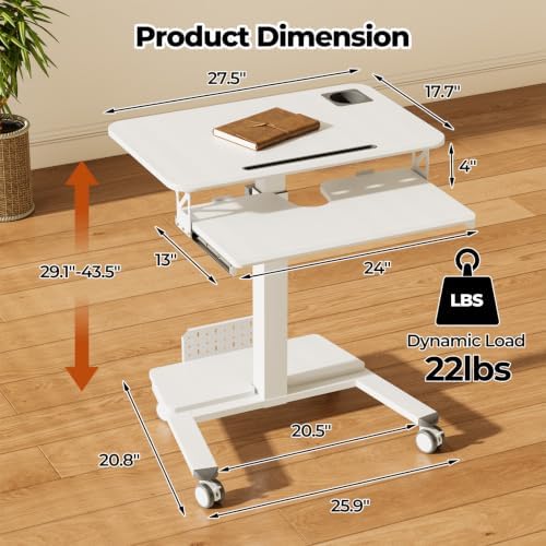 28" Rolling Standing Desk with Keyboard Tray and Podium, White