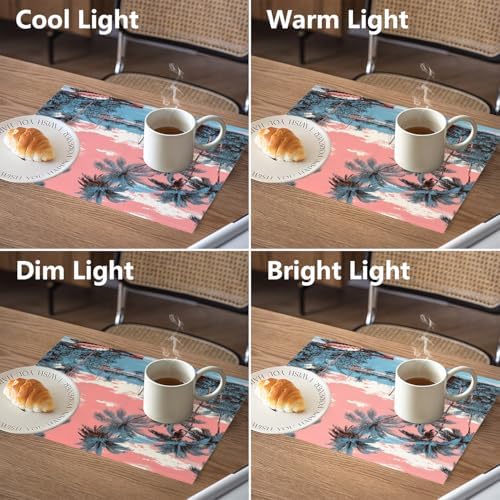 Beach Vacation Seaside Relaxation Linen Placemats, Palm Lined Shore Nautical Charm Table Mats for Table Washable Heat Insulation Thick Dining Mat, Indoor/Outdoor 12X18 in 4 Pcs
