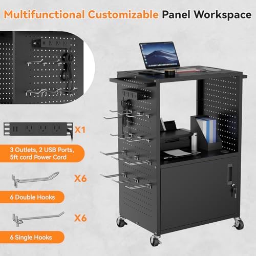 Mobile AV Cart, Heavy Duty Rolling Computer Cart with Push Handle & Hooks – Locking Cabinet, Pegboard, 4 Outlets, Lock Brake Casters – Media Utility Cart on Wheels for Office/Classroom