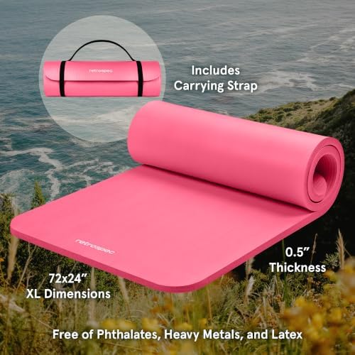 Retrospec Solana Yoga Mat Thick 1/2in Non-Slip Workout Mat with Nylon Strap - 72x24in Exercise Mat for Pilates, Stretching & Fitness - BPA Free, Easy Clean