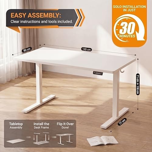 Grandder 55x32 Large Electric Standing Desk, Height Adjustable Computer Desk with 2 Memory Presets, 31.5" Deep Desktop Sit Stand Desk Home Office Desk Workstation Table with Hooks, White