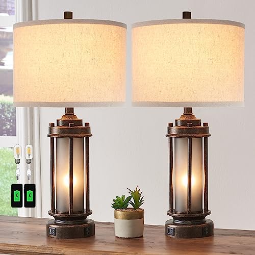AIEAMPDO 25'' Set of 2 Farmhouse Table Lamps for Living Room with USB C+A