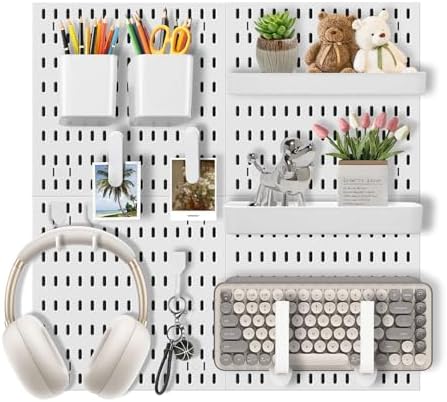 Pegboard Wall Organizer Set – 4 Peg Boards with Hooks & Shelves – Office, Kitchen, Gaming Room Desk Pegboard Storage – Peg Board Wall Display Rack (White)