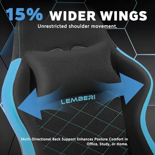 LEMBERI Gaming Chair, Fabric Big and Tall Video Game Chairs with Footrest, Massage Lumbar Support, Racing Style Ergonomic Computer Gamer Chair with Adjustable Headrest (Blue)