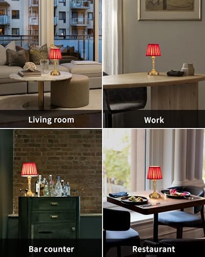 KDG Gold Cordless Table Lamps Set of 2, Red Fabric Shade Small Desk Lamp