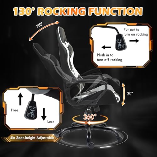 ECOTOUGE White Ergonomic Gaming Chair Massage Lumbar Rocking High Back
