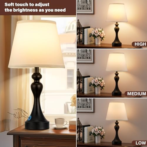 Touch Lamps for Nightstand, 3 Way Dimmable Bedside Lamps with USB C+A Ports