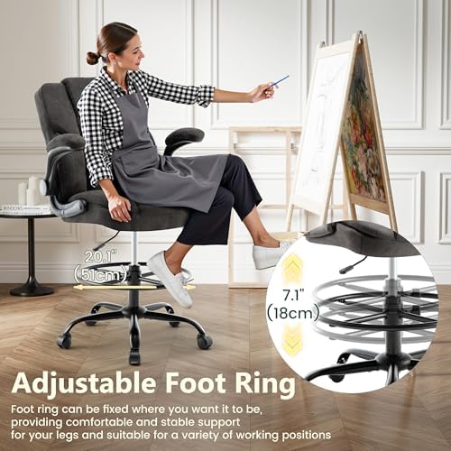 Drafting Chair 500Lbs, Tall Office Chair for Standing Desk, Fabric Executive Office Chair with Flip-up Armrests, Ergonomic High Chair with Adjustable Foot Ring, Comfy Stool Chairs, Black