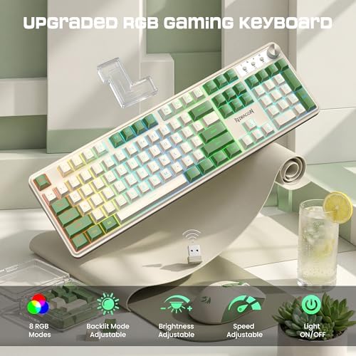 Redragon RM104 Wireless Gaming Keyboard with Knob, Tri-Mode BT/2.4G/USB-C RGB Computer Keyboards, 4000mAh Battery, Programmable Software Support, Anti-Ghosting, Compatible with PC Mac - White & Green