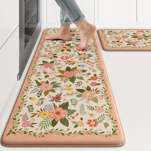 KIMODE Anti Fatigue Kitchen Mats, Padded Kitchen Floor Mats 17"x47"+17"x29"